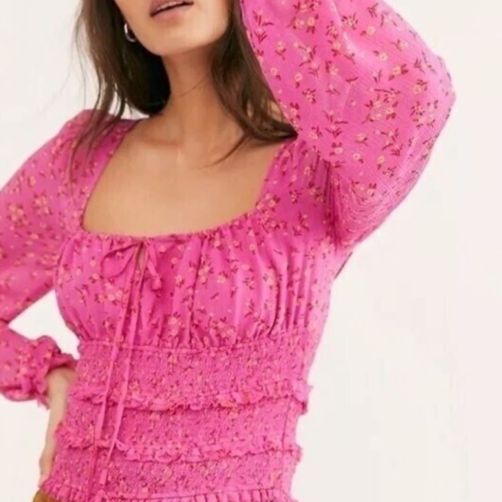 Free People Lolita Smocked Floral Peasant Top Pink